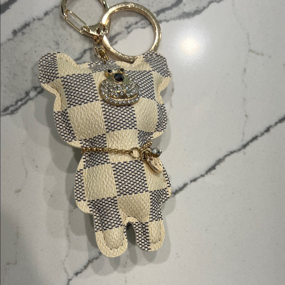 Plaid Bear Keychain with Gold Details